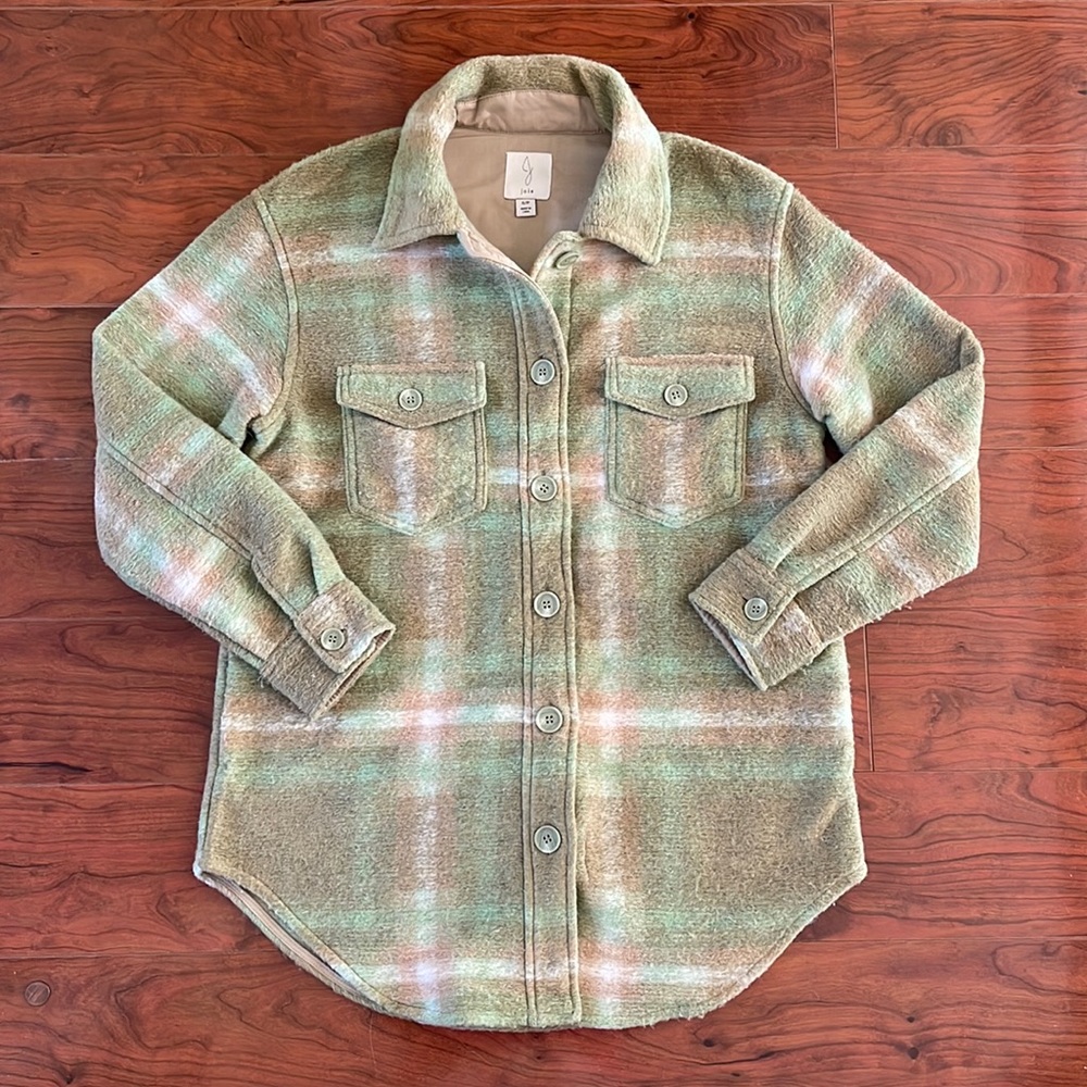 COPY - NWOT Joie Green and Tan Button Down Flannel Pea Coat Jacket Coat